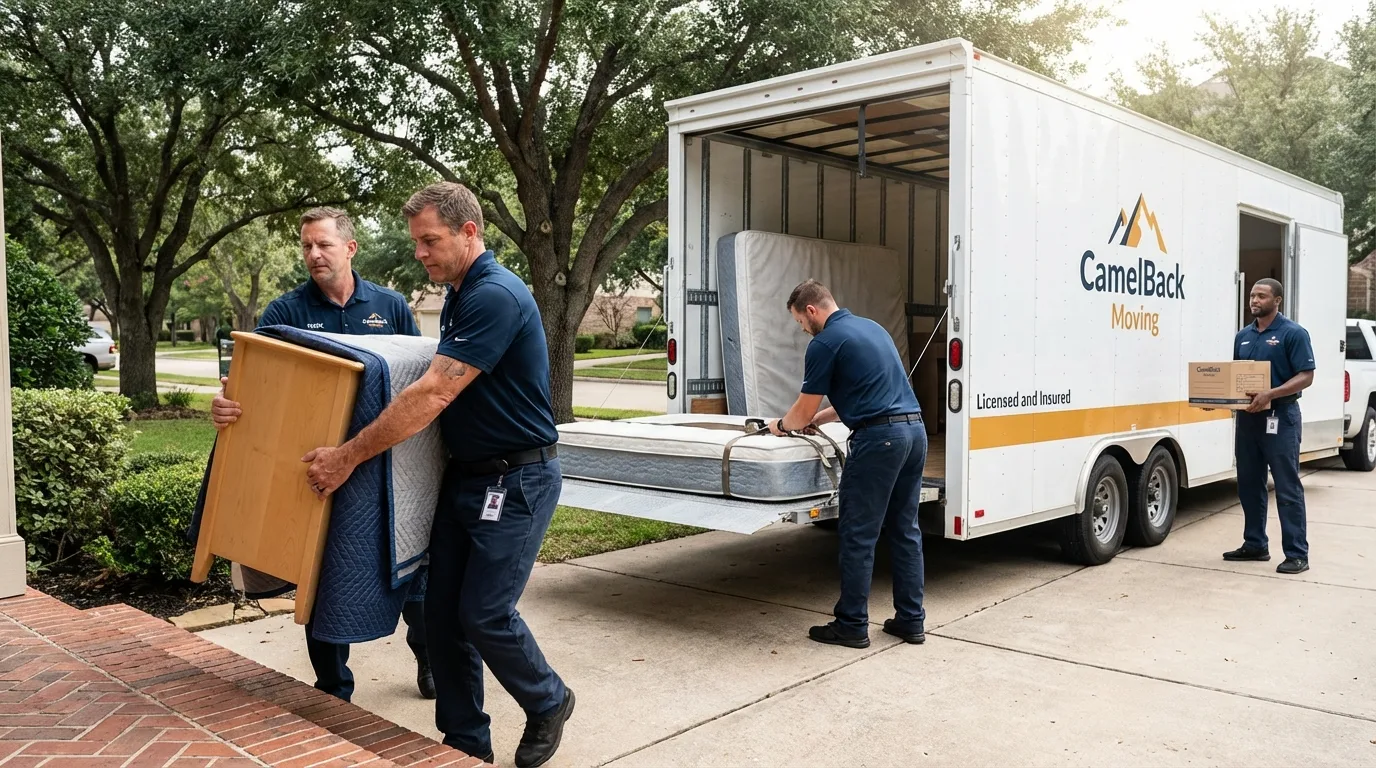 Crew loading residential truck for cross-state move from Larned, KS