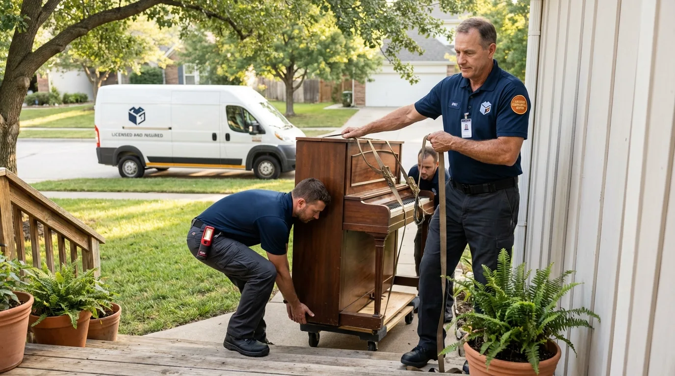 Licensed piano movers securing grand piano in Larned, KS