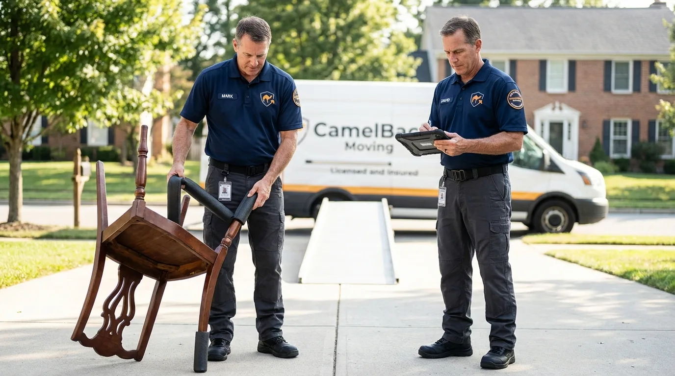 Movers inspecting furniture for damage prevention before loading in Larned, KS