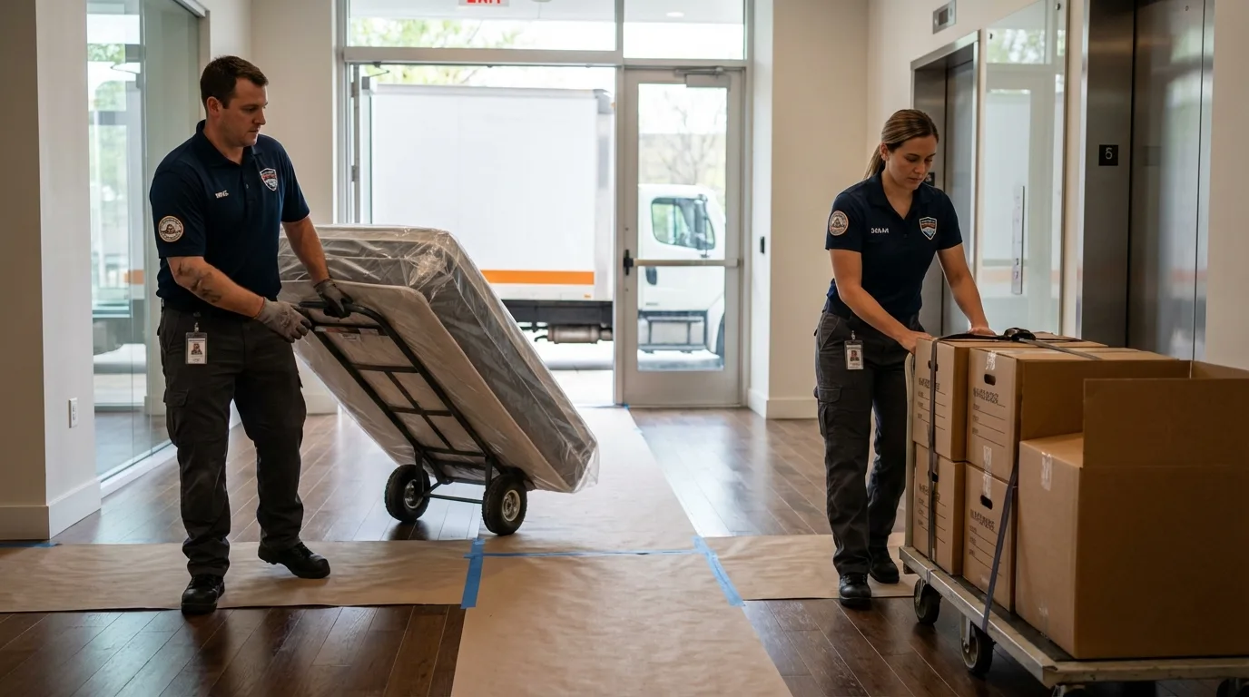 Professional apartment movers loading elevator in Larned, KS