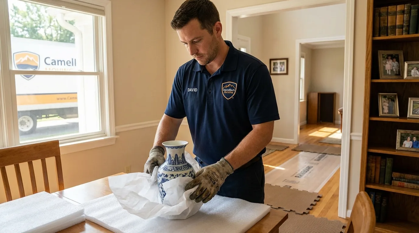 Professional crew carefully wrapping antique vase for senior downsizing move in Larned, KS