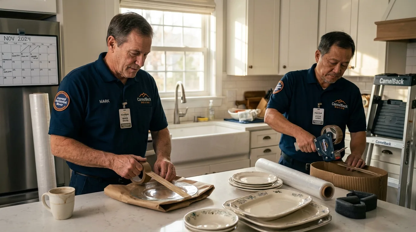 Professional crew packing kitchen dishware in Larned, KS